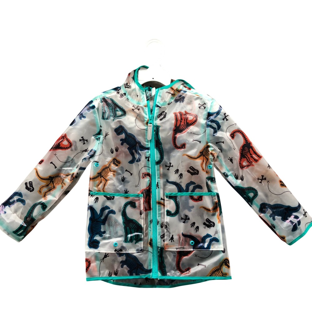 Lily & Dan Dinosaur Skeleton Raincoat Boys XS 4-5 Clear‎ Teal Hooded Jacket Zip